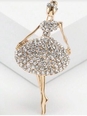Anthropologie Gold Ballerina Brooch with Clear Crystals